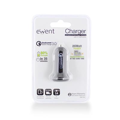 2-Port USB Car Charger 5A including 1 Quick Charge 3.0 port